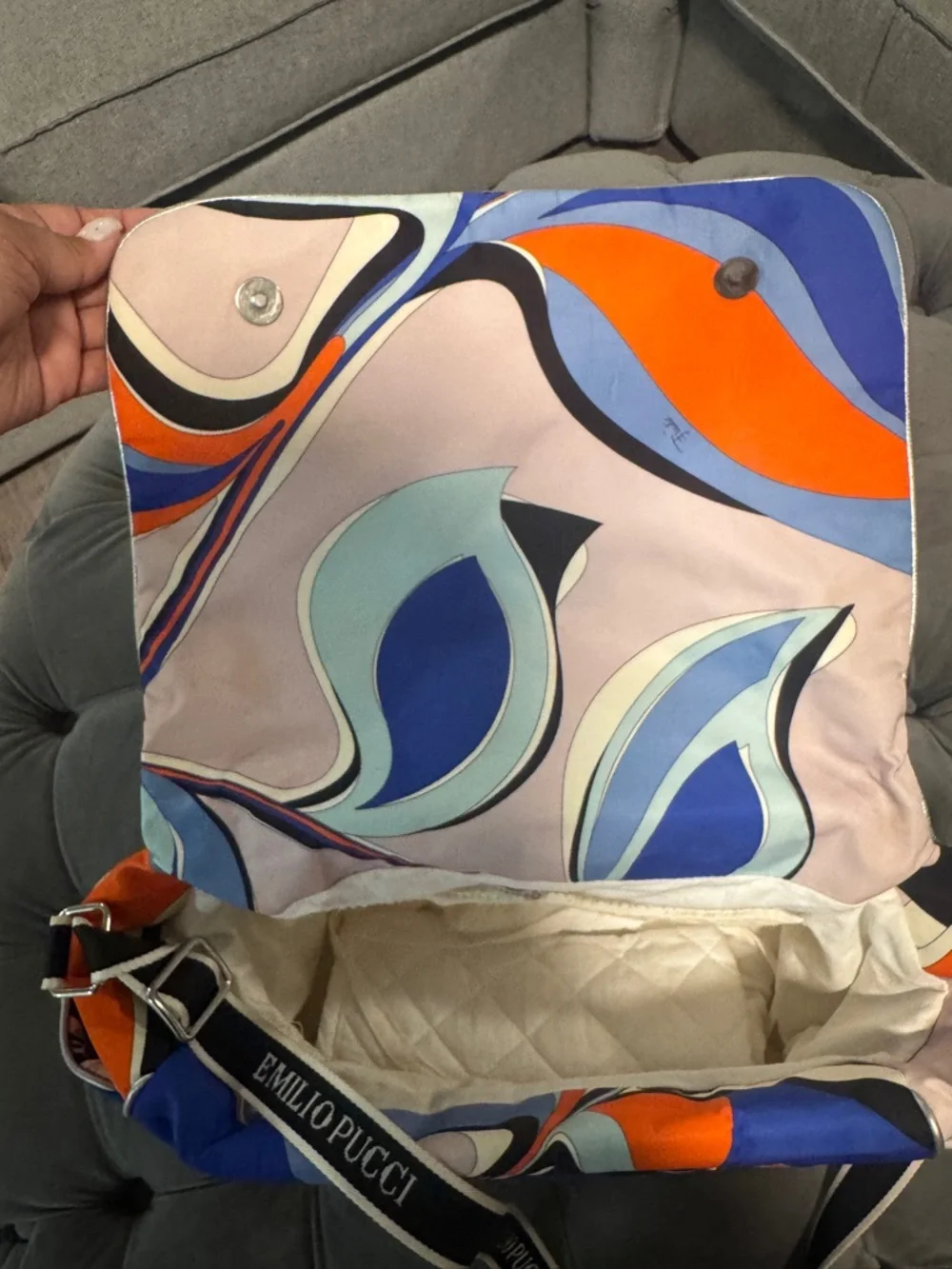 Emilio Pucci Black Diaper Bag with Blue & Orange Swirl Print